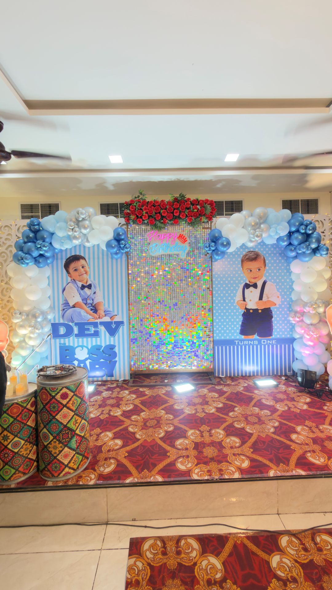 Decorated stage in the Hotel Satkar banquet hall, Sinnar
